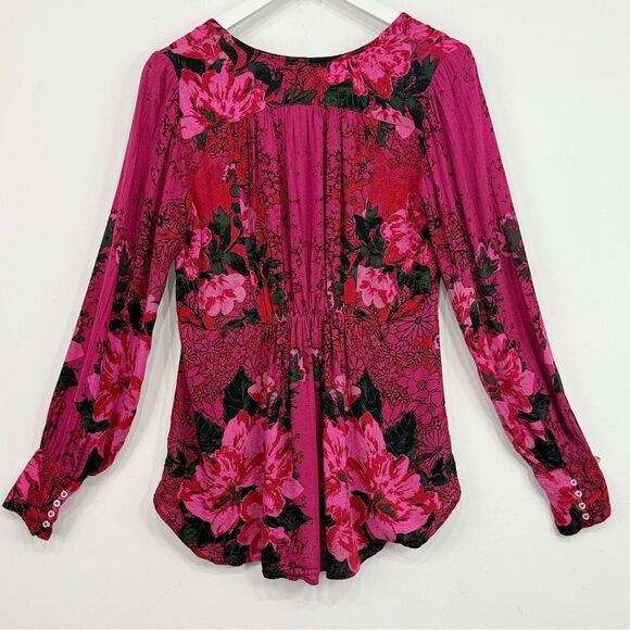Free People Mikayla Red Pink Floral Hook Closure Blouse  in Scarlett Combo - Picture 10 of 16